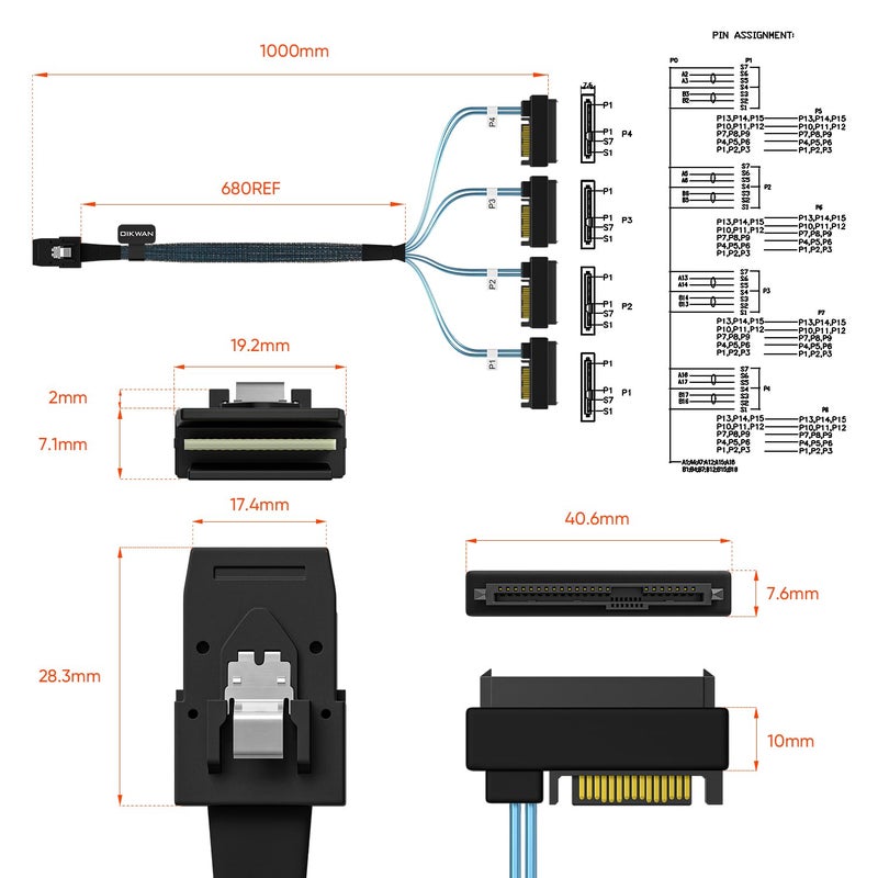 OIKWAN كابل Mini-SAS إلى SAS: 1م موصل SFF-8087 إلى SFF-8482 4X 29Pin مع محول طاقة SATA (3.3 قدم) - Image 2